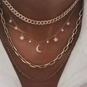 Gold Multichain Boho Crystal Moon Stars Necklace